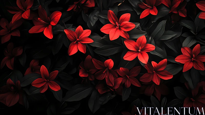 Luminescent Red Flowers Against Deep Black Foliage. Dramatic Contrast.