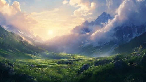 Sunlit alpine valley under towering snowcapped peaks at dawn.