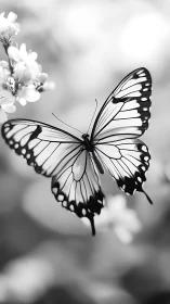 Monochrome butterfly macro over soft floral bokeh background.