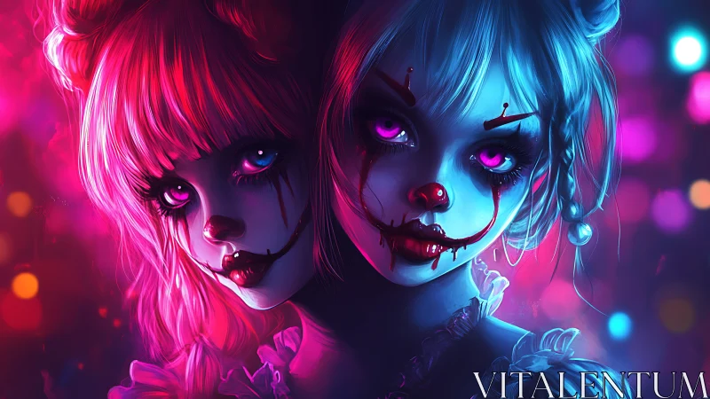 Dual neon clown girls with split pink and blue lighting.