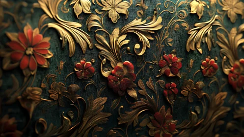 Ornate gilded floral bas relief with teal patina backdrop.