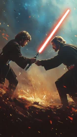 Duel of robed warriors with glowing plasma blade clash.