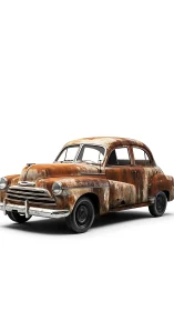 Rusty vintage sedan stands isolated in stark white studio