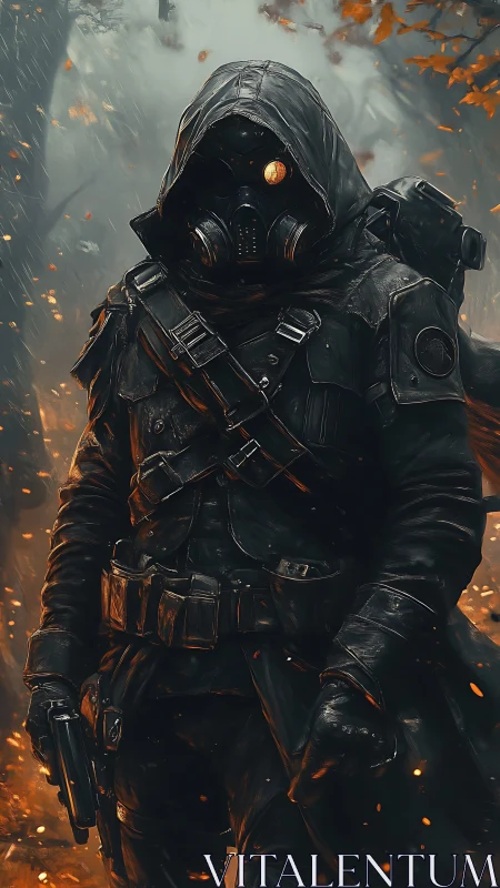 Post-apocalyptic ranger in tactical gas mask and embers.