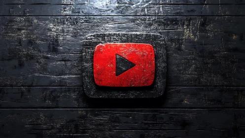 YouTube play button on distressed black wooden surface.