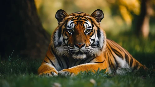 Quiet forest afternoon with a watchful resting tiger.