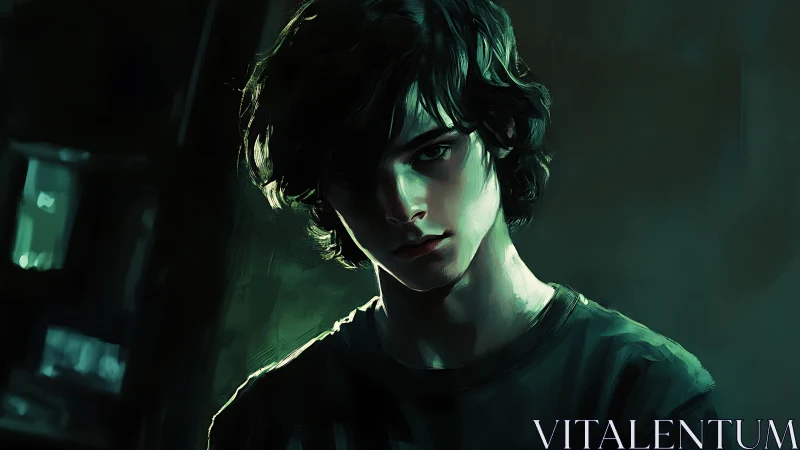 Digital portrait of young man in low key green lighting.