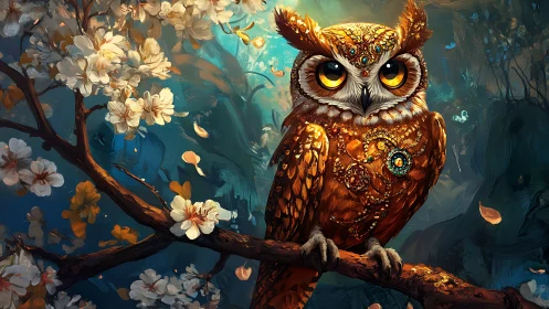 Enchanted jeweled owl on blooming branch in vibrant digital art.