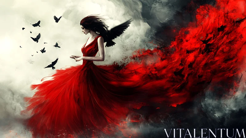 Winged female figure stands amid red and black smoke plume