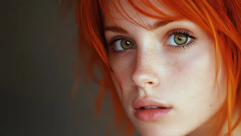 Intense green-eyed portrait under vivid copper hair light.