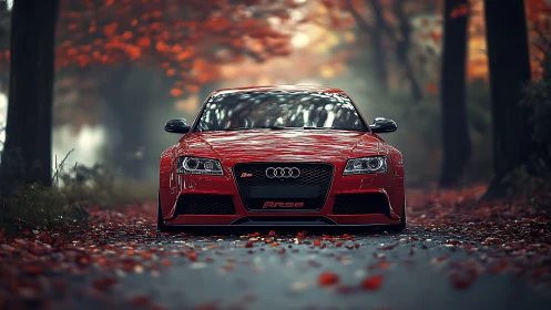 Crimson sports car gliding through a dreamy autumn forest road.