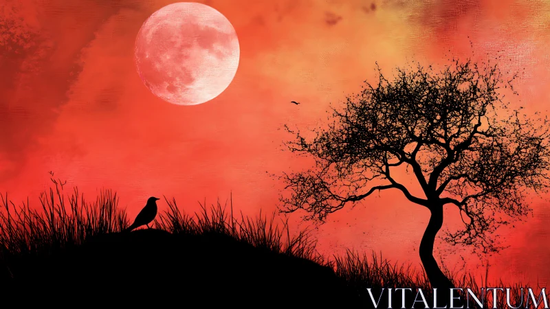 Blood-red moon rises over lone tree and watchful crow.
