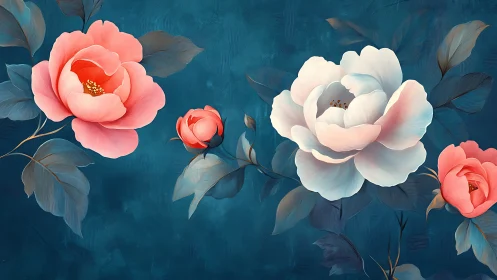 Blooming Flowers Against Deep Teal. Serene Garden Wall Art.