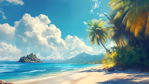 Tropical Paradise Coastline with Mountains and Palm Trees.