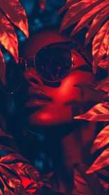 Neon-lit portrait hides face behind glossy tropical foliage