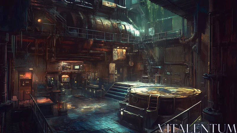 Rustlit reactor hall in a rain-soaked cyberpunk underbelly.