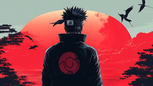 Solitary ninja greets a blazing red sunset sky in silence