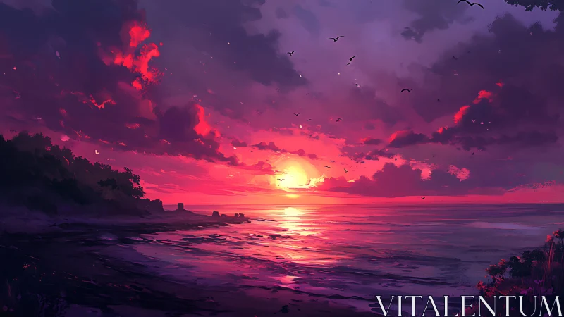 Sky ignites as the violet shoreline drinks the molten sun
