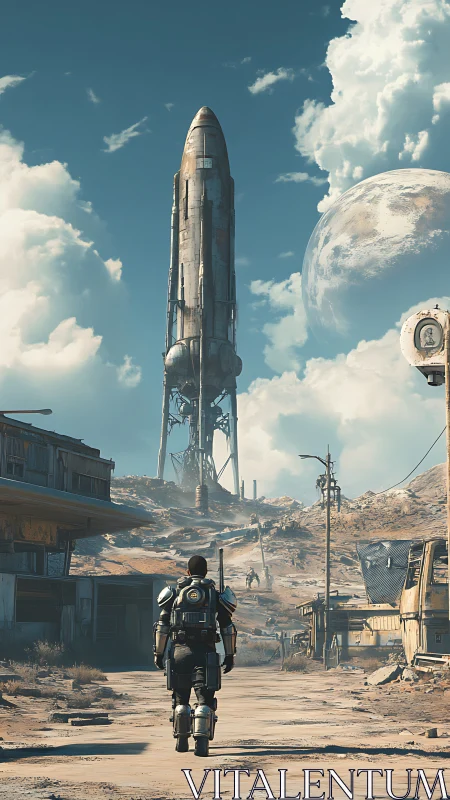 Armored wanderer marches toward rusted frontier rocketship.