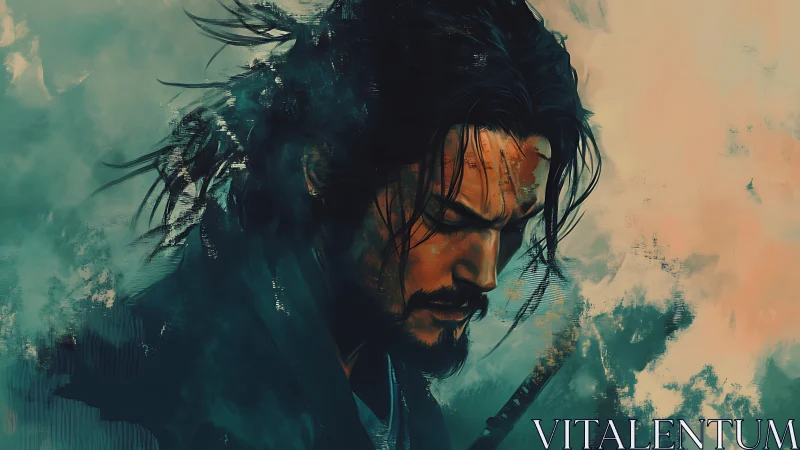 Solitary warrior bows his head in stormy painted dusk