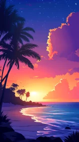 Neon hush over palm silhouettes at a sunset-tinted shore.