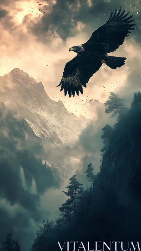Eagle glides through misty mountain gorge at stormlit dawn