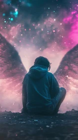 Human figure with wings before nebula-like sky at dusk.