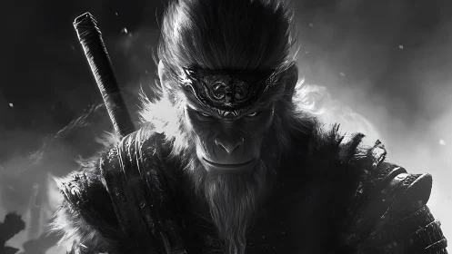 Brooding warrior monkey king in dramatic monochrome light.