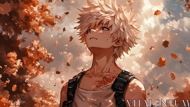 Freckled anime boy gazes upward amid swirling autumn leaves.