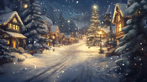 Snowy Christmas village glows with warm festive lights tonight