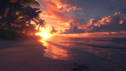 Sunlit palm shoreline under dramatic tropical sunset sky.