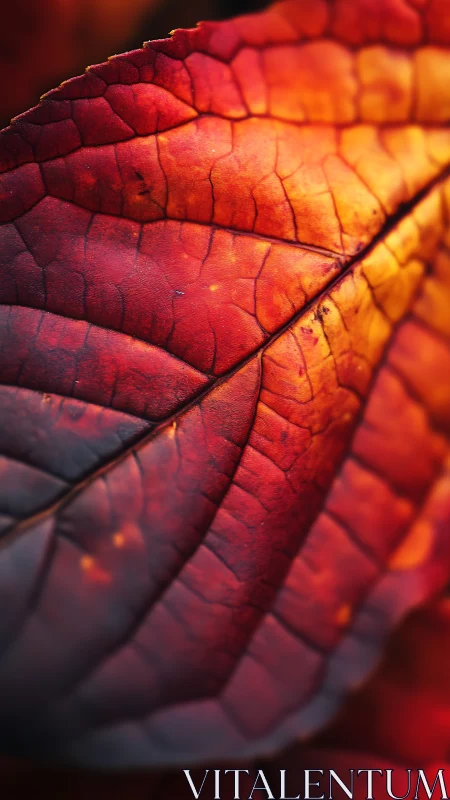 Autumn leaf macro reveals fiery gradient and fine veins.