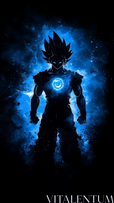 Celestial warrior silhouette in radiant blue cosmic aura.