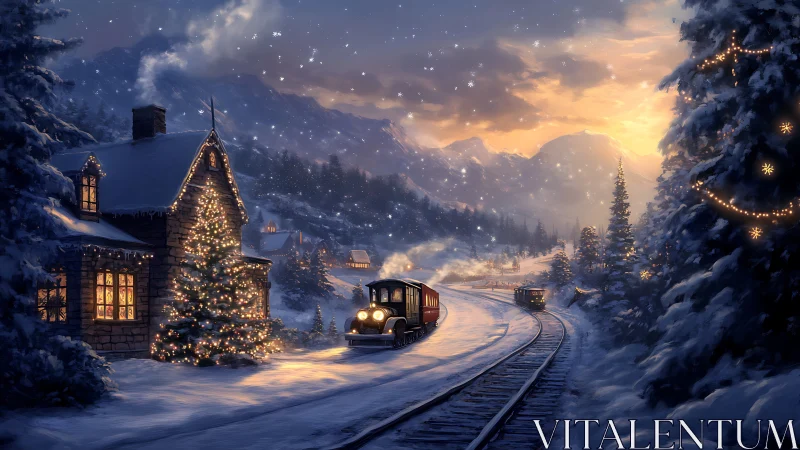 Digital painting of snowy Christmas village with steam train at dusk.