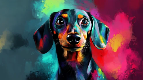Vibrant digital dachshund portrait with split‑tone abstract field.