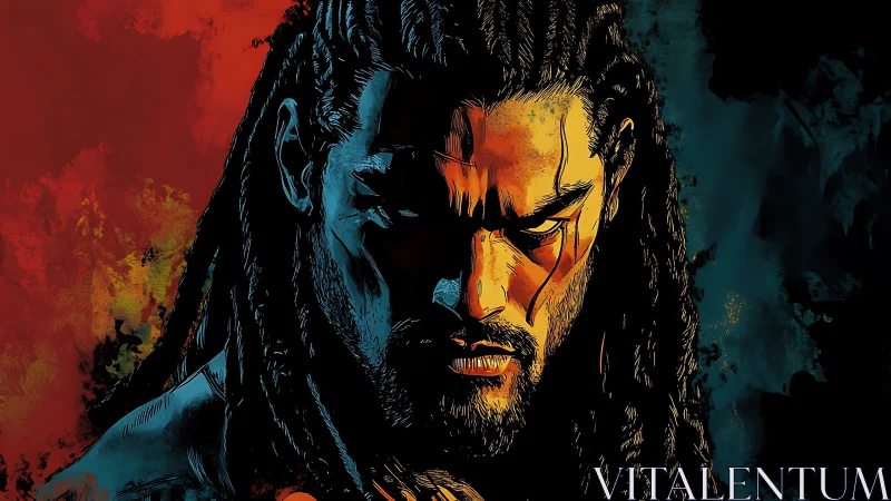 Fierce warrior portrait glowing in bold fiery shadows.