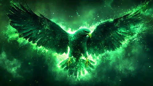 Majestic Green Eagle in Fiery Digital Art with Outstretched Wings.