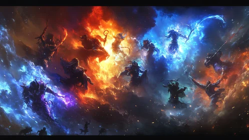 Elemental warriors locked in swirling cosmic battle.