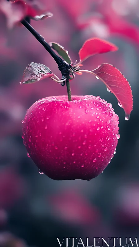 Pink apple hangs under dewdrops in soft blurred bokeh.