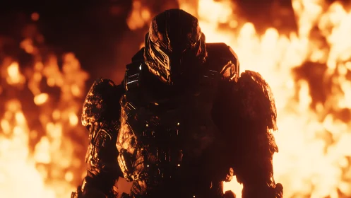 Armored sci fi soldier standing before burning inferno.