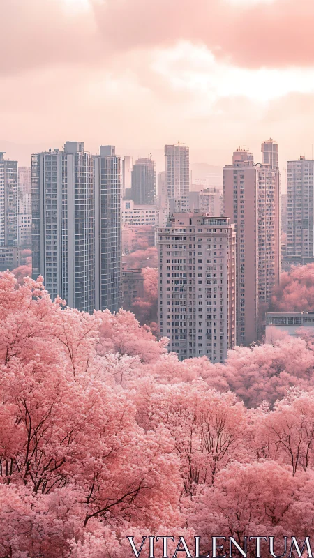 Pink blossom forest embraces tranquil pastel city skyline