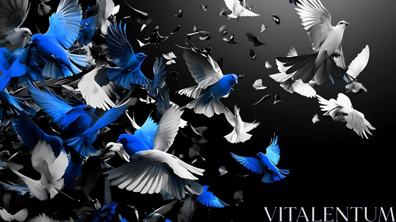 High-contrast blue and white birds in dynamic flight cluster