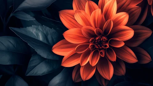 Red Dahlia Bloom Against Deep Teal Foliage