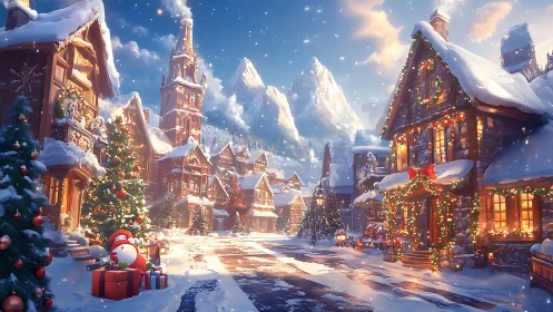 Snow-covered alpine village street with winter decorations.