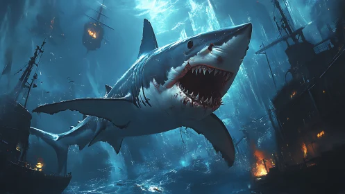 Colossal shark prowls a flaming, storm-tossed ocean graveyard.