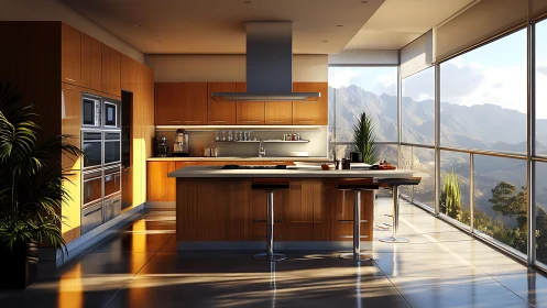 Sunlit modern kitchen opens toward panoramic mountain views