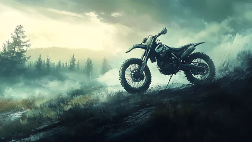 Off-road dirt bike on misty forest slope at sunrise.