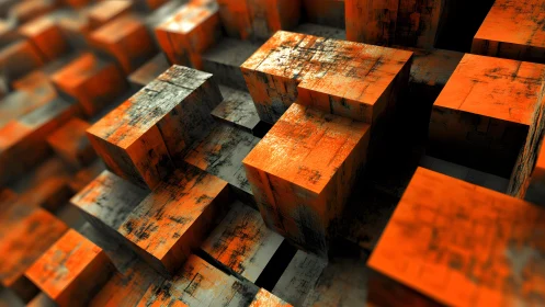 Rust-kissed orange cubes march upward in shifting digital terrain