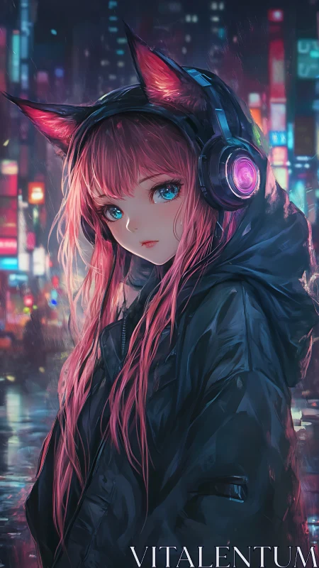 Neon city cat girl listening softly under rainy lights.