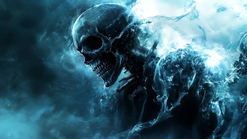 Spectral skull entity emerges from swirling cyan mist
